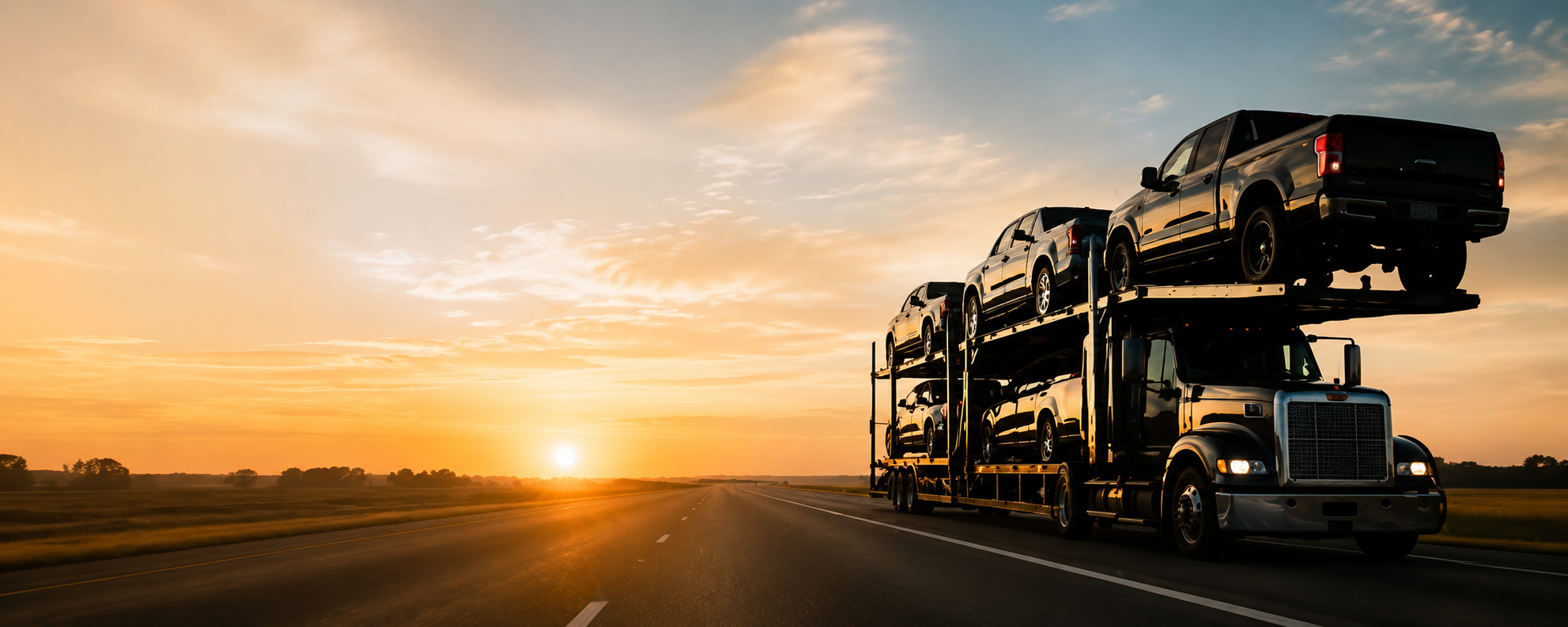 Car hauler transporting multiple vehicles at sunset on the highway